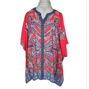 Susan Graver Red Navy Paisley Bat Wing Tunic Size Large